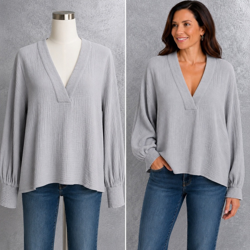 Sundays Gauze Blouse Womens M Gray V-Neck Long Sleeve Smocked Cuff Cotton Top